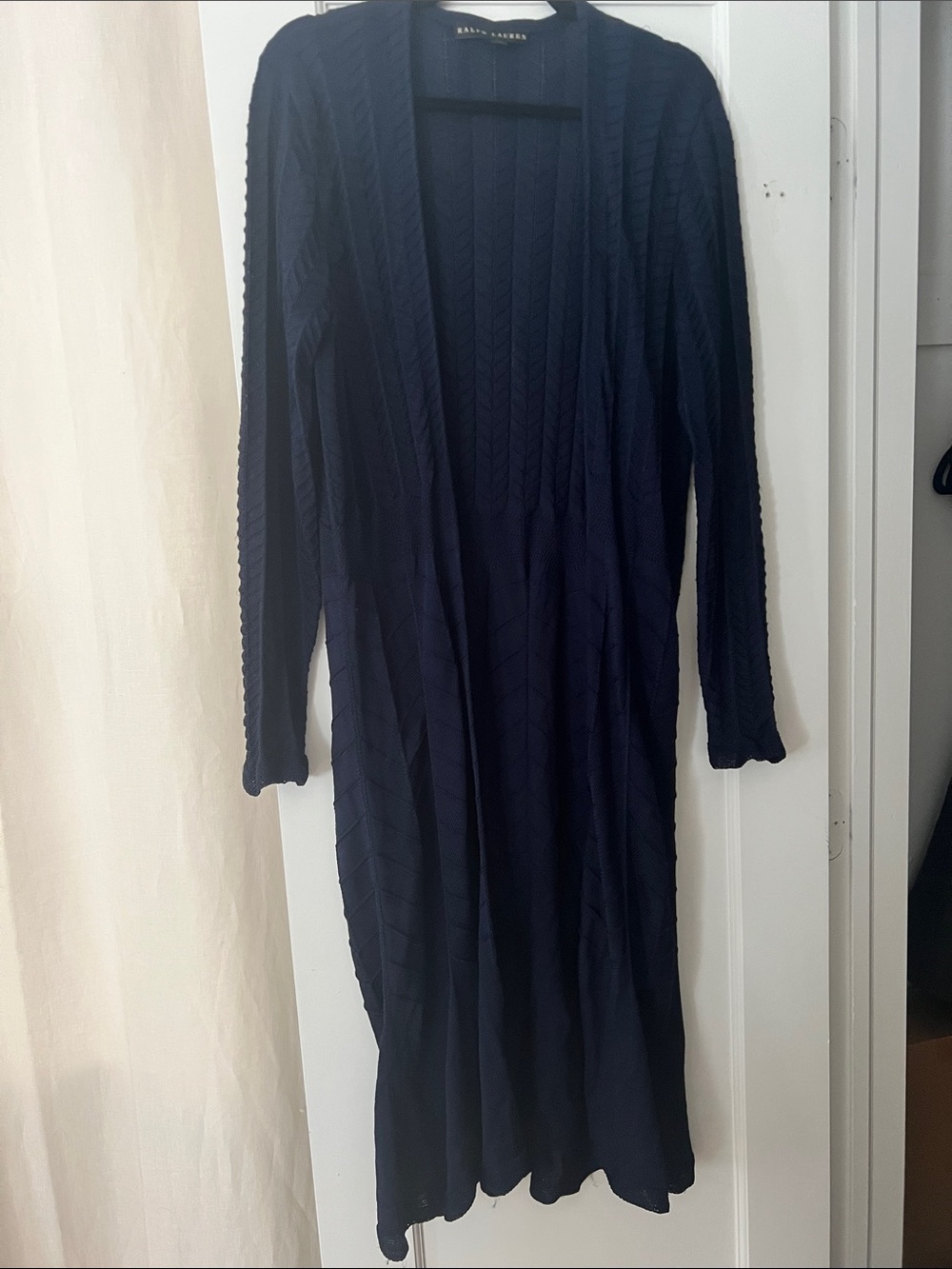 Ralph Lauren Navy Open-Front Cable Knit Long Cardigan 100% Silk